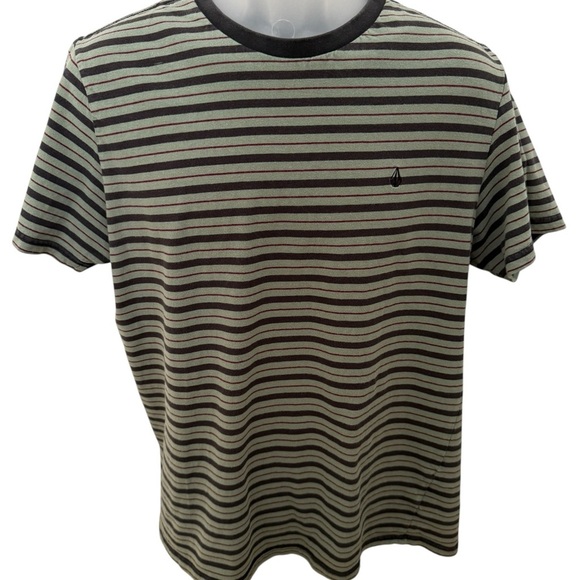 Volcom Stone Surf Skate Green, Grey & Red Striped Tee Shirt Men M Medium - Picture 1 of 6